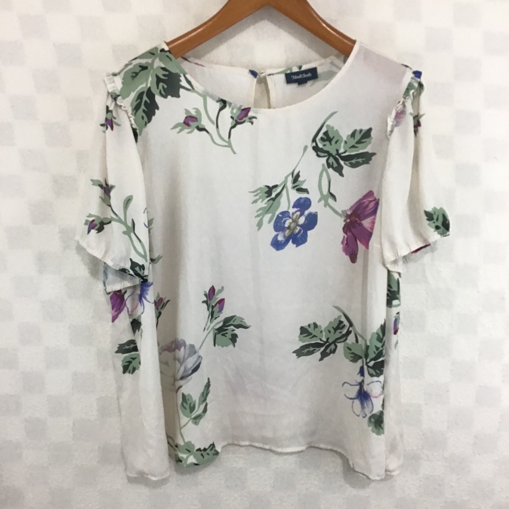 ModCloth Womens 4X Floral Ruffle Shoulder Short Sleeve Blouse White Purple Blue